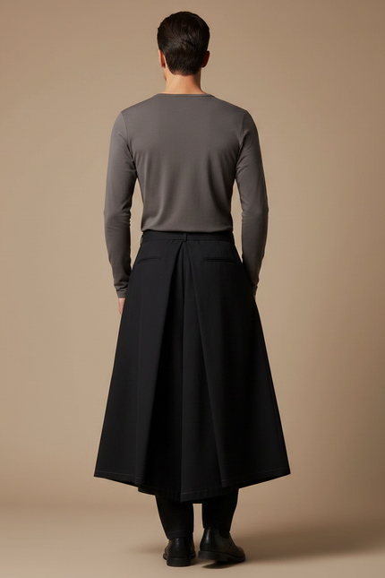 Pantalon Jupe Culotte Long - Noir Gabardine - vue 2