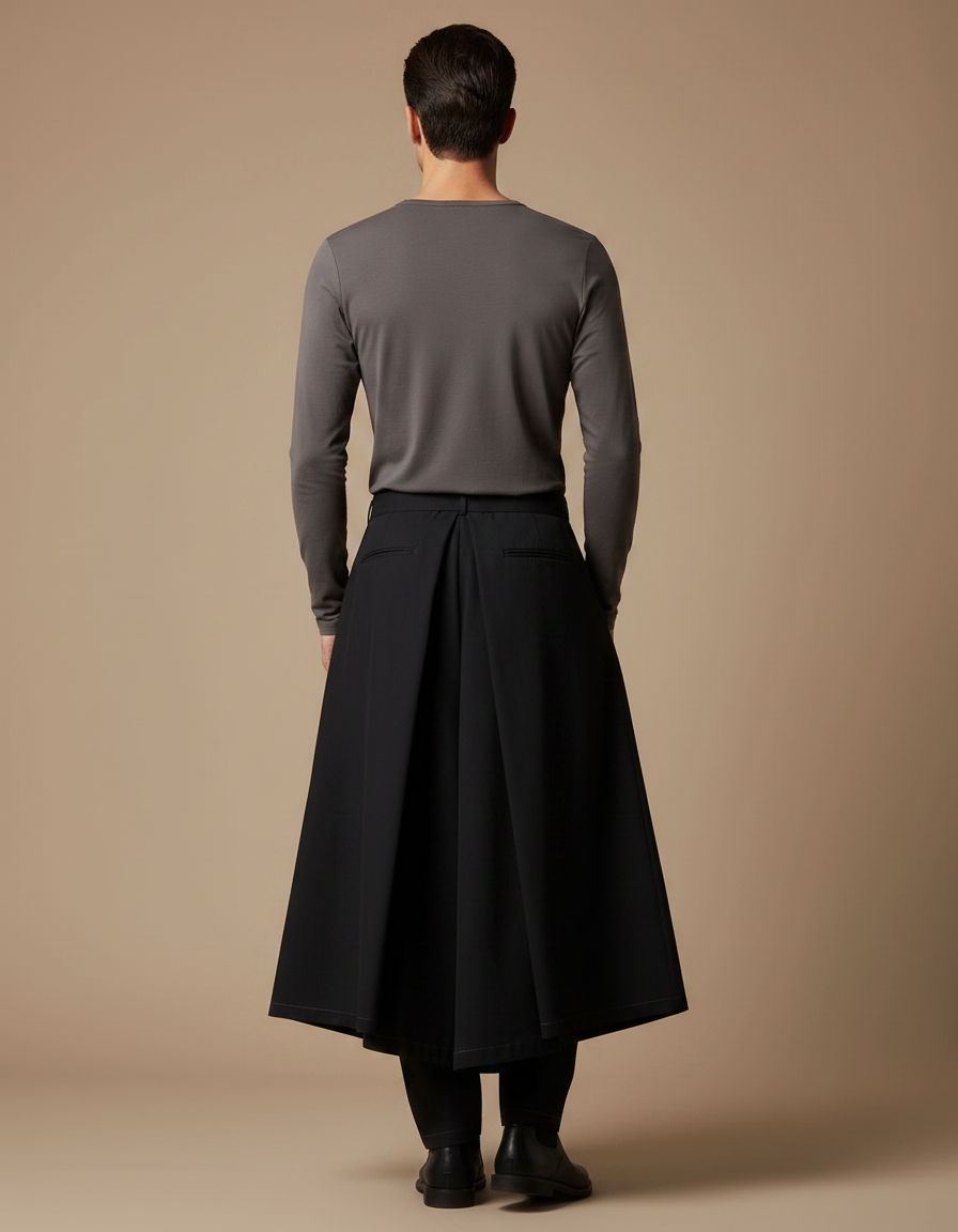 Pantalon Jupe Culotte Long - Noir Gabardine - vue 2