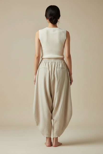 Pantalon Jupe Ample Lin Beige Femme Élégant - vue 2