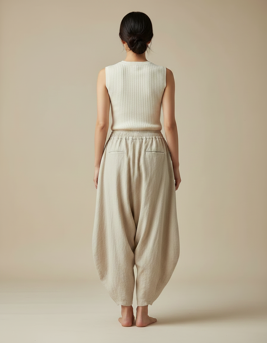 Pantalon Jupe Ample Lin Beige Femme Élégant - vue 2