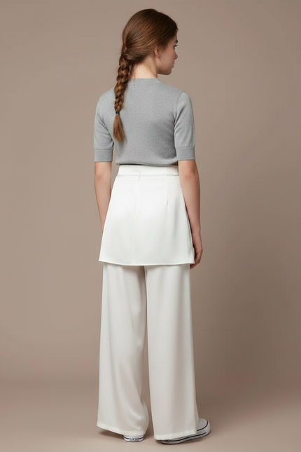 Pantalon Jupe Blanc Satin Fluide Superposé Élégant Fille - vue 2