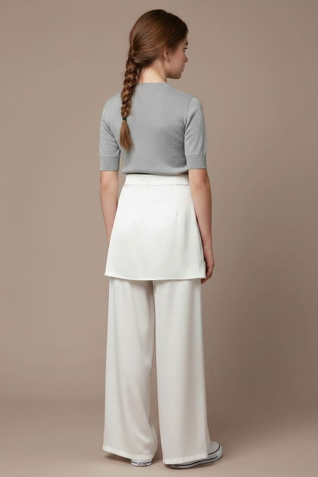 Pantalon Jupe Blanc Satin Fluide Superposé Élégant Fille - vue 2