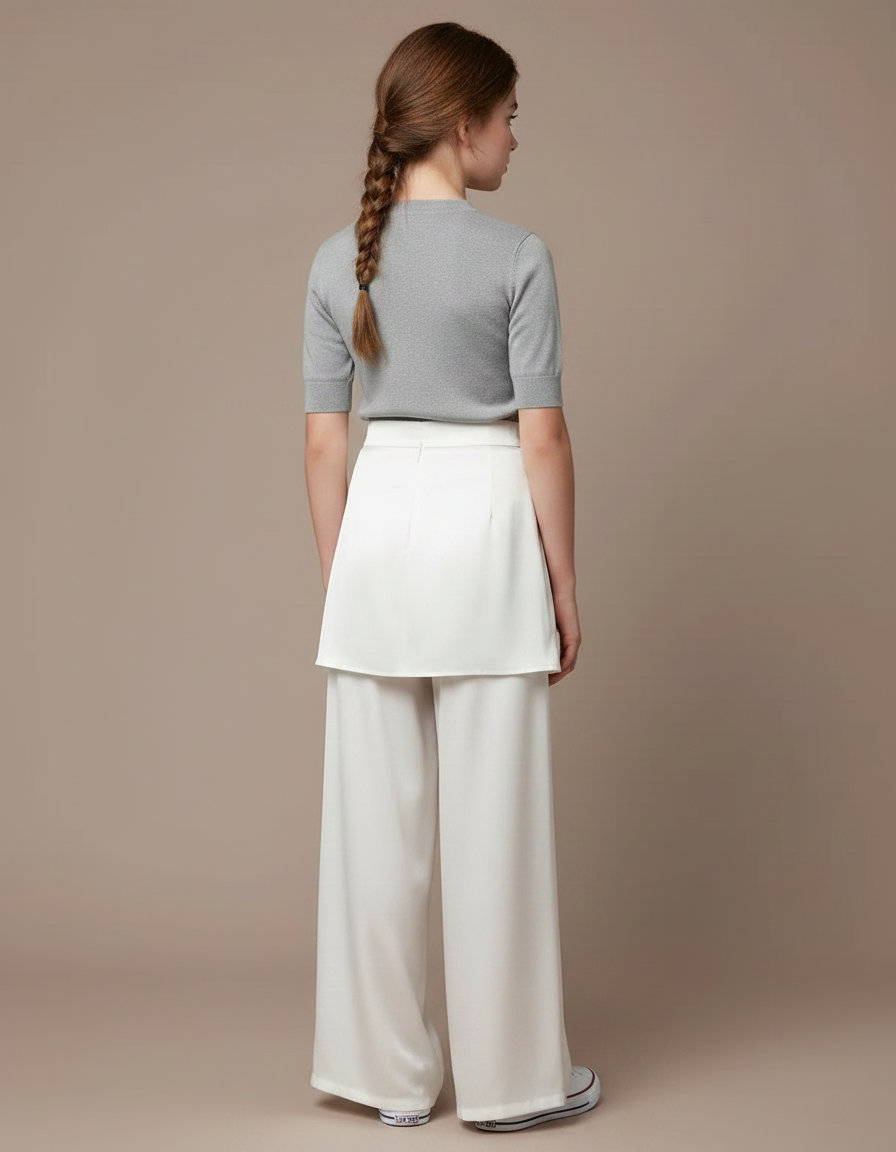 Pantalon Jupe Blanc Satin Fluide Superposé Élégant Fille - vue 2