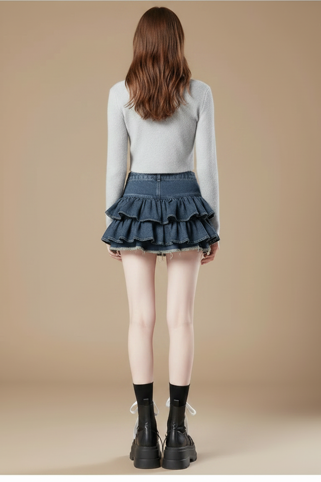 Pantalon Jupe Denim Volants Rose Kawaii Mini - Bleu Jean - vue 2