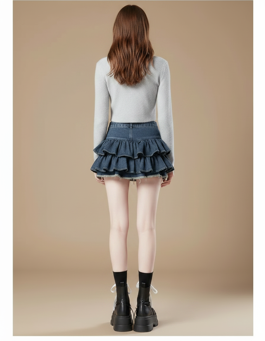 Pantalon Jupe Denim Volants Rose Kawaii Mini - Bleu Jean - vue 2