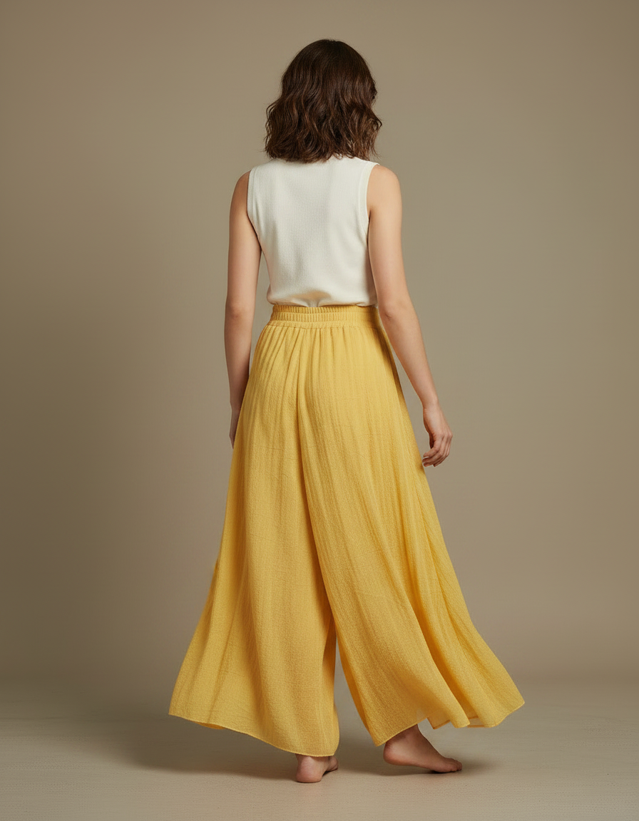 Pantalon Jupe Ample Coton Lin Jaune Fluide - vue 2