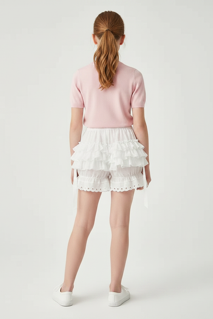 Pantalon Jupe Blanc Volants Superposés Rubans Fille - Coton - vue 2