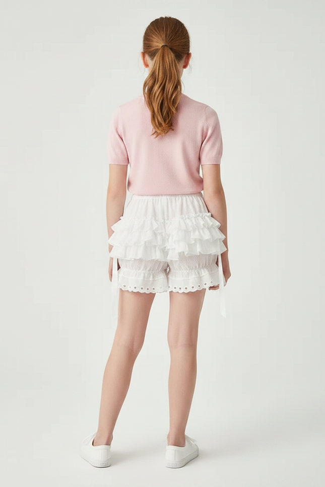 Pantalon Jupe Blanc Volants Superposés Rubans Fille - Coton - vue 2