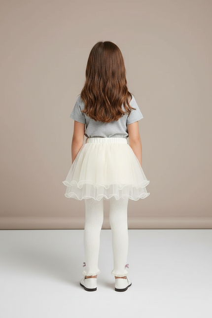 Pantalon Jupe Écru Tulle Superposé Nœuds Fille - Beige Maille - vue 2