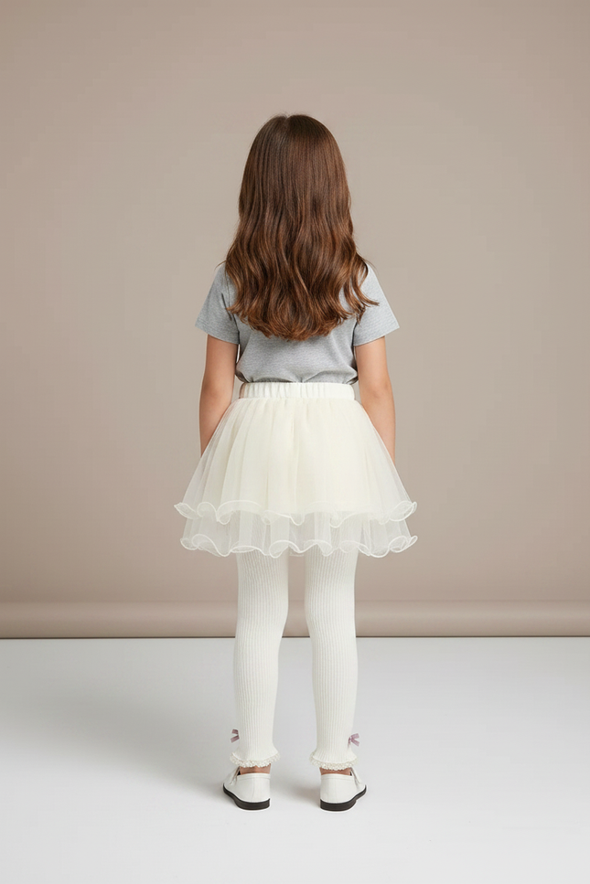 Pantalon Jupe Écru Tulle Superposé Nœuds Fille - Beige Maille - vue 2
