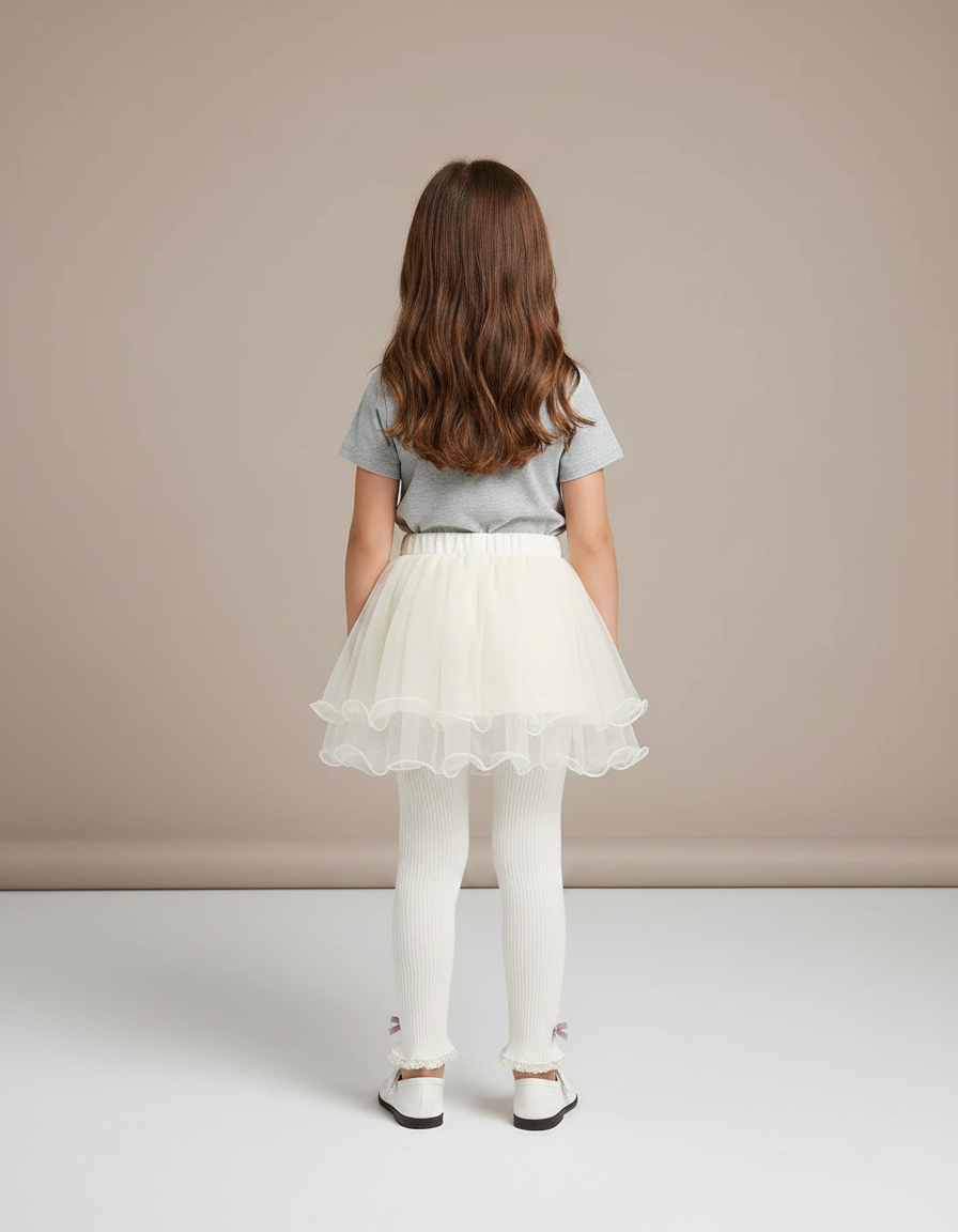 Pantalon Jupe Écru Tulle Superposé Nœuds Fille - Beige Maille - vue 2
