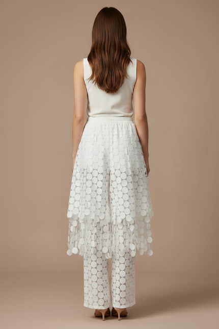 Pantalon Jupe Blanc Superposé Cercles Transparents Élégant - Polyester - vue 2