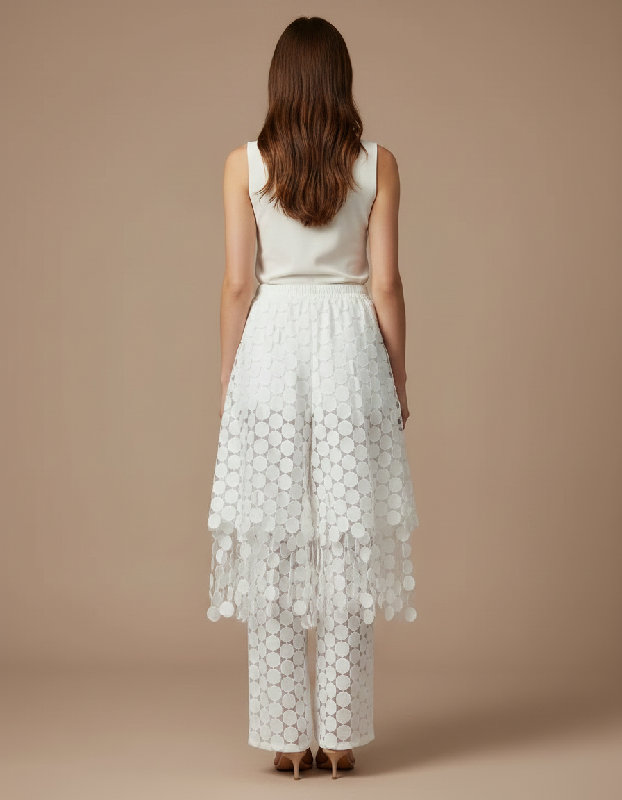 Pantalon Jupe Blanc Superposé Cercles Transparents Élégant - Polyester - vue 2