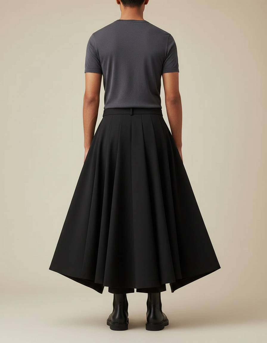 Pantalon Jupe Noir Plissé Ample Homme Moderne - Gabardine - vue 2