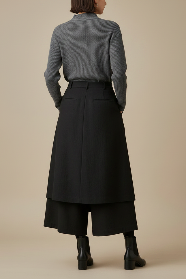 Pantalon Jupe Noir Plissé Superposé Ample Femme - Laine - vue 2