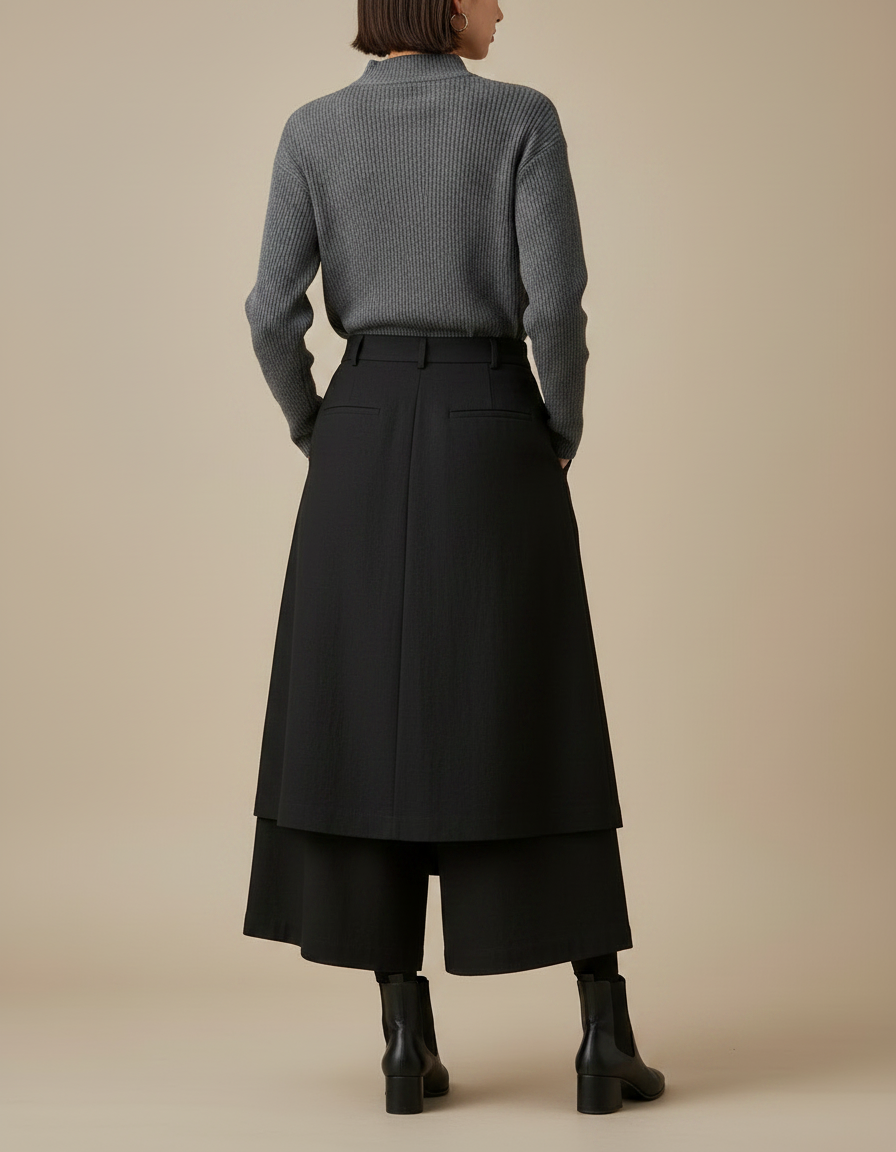 Pantalon Jupe Noir Plissé Superposé Ample Femme - Laine - vue 2