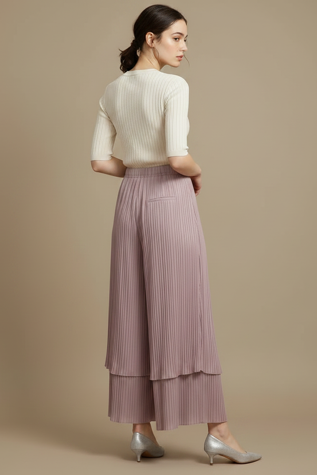 Pantalon Jupe Plissé Mauve Ample Élégant Superposé - Violet Polyester - vue 2