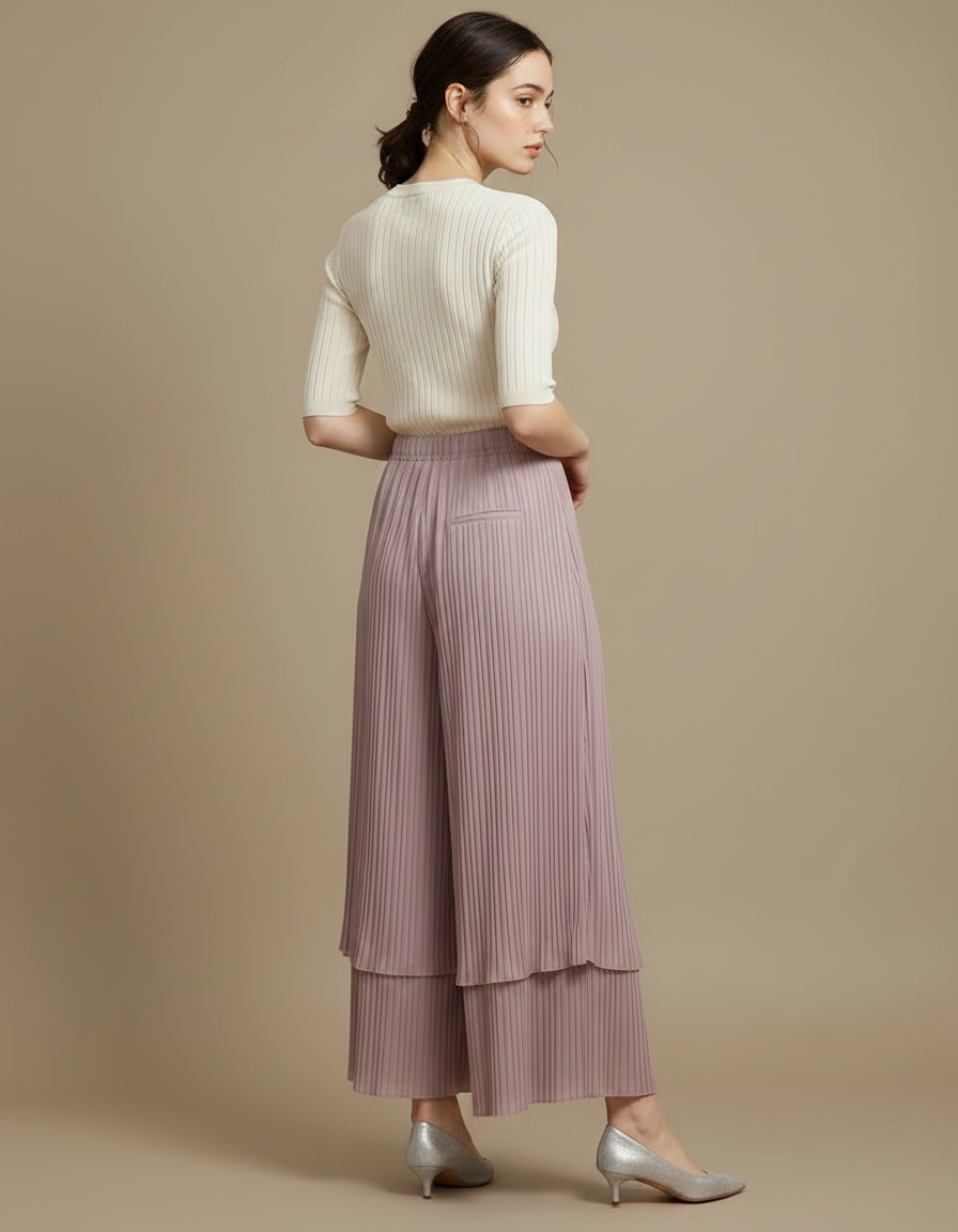 Pantalon Jupe Plissé Mauve Ample Élégant Superposé - Violet Polyester - vue 2