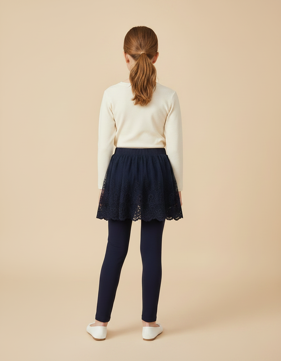 Pantalon Jupe Marine Dentelle Superposée Confortable Fille - Polyester - vue 2