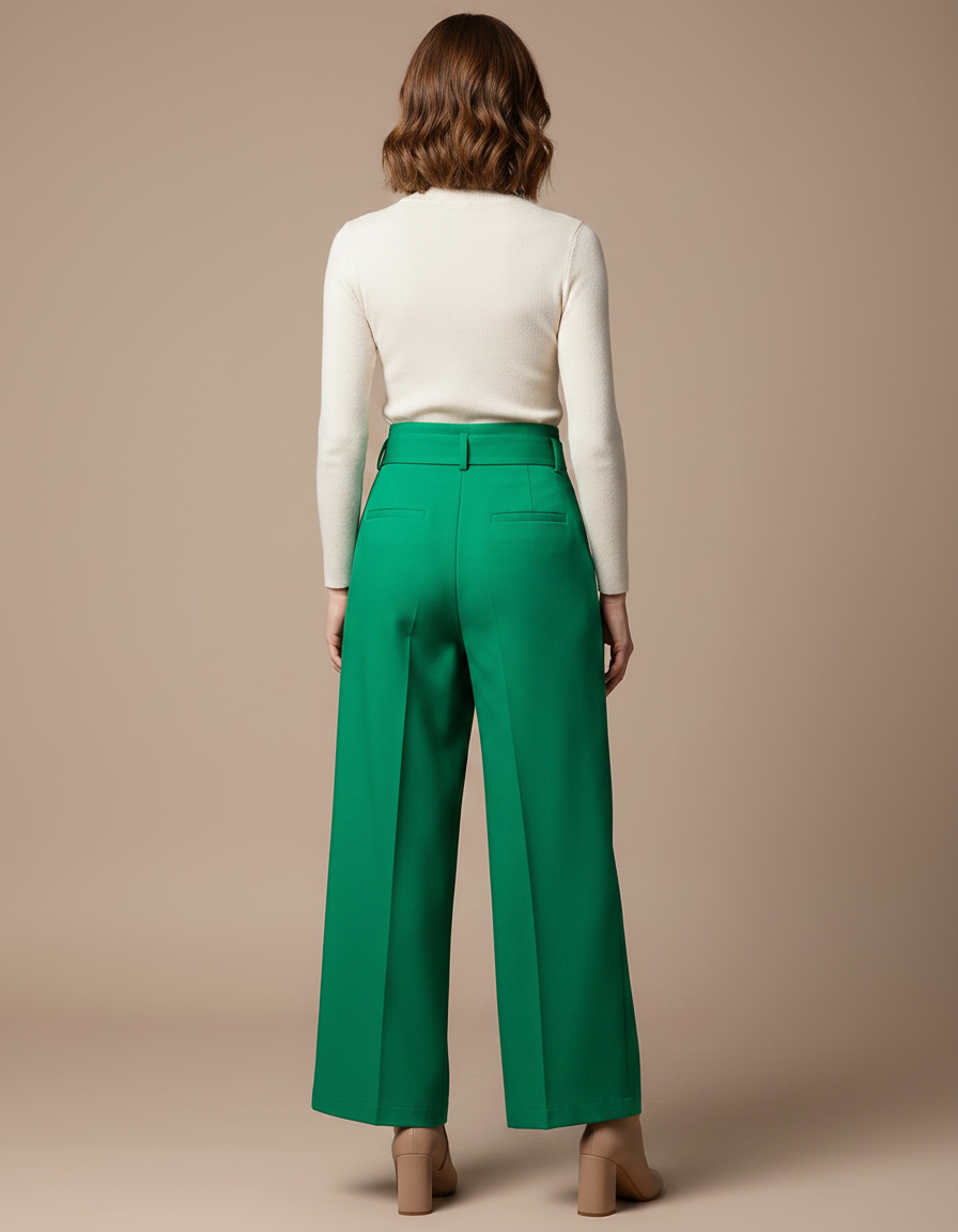 Pantalon Jupe Vert Boutons Ceinture Fendue Élégant - Polyester - vue 2