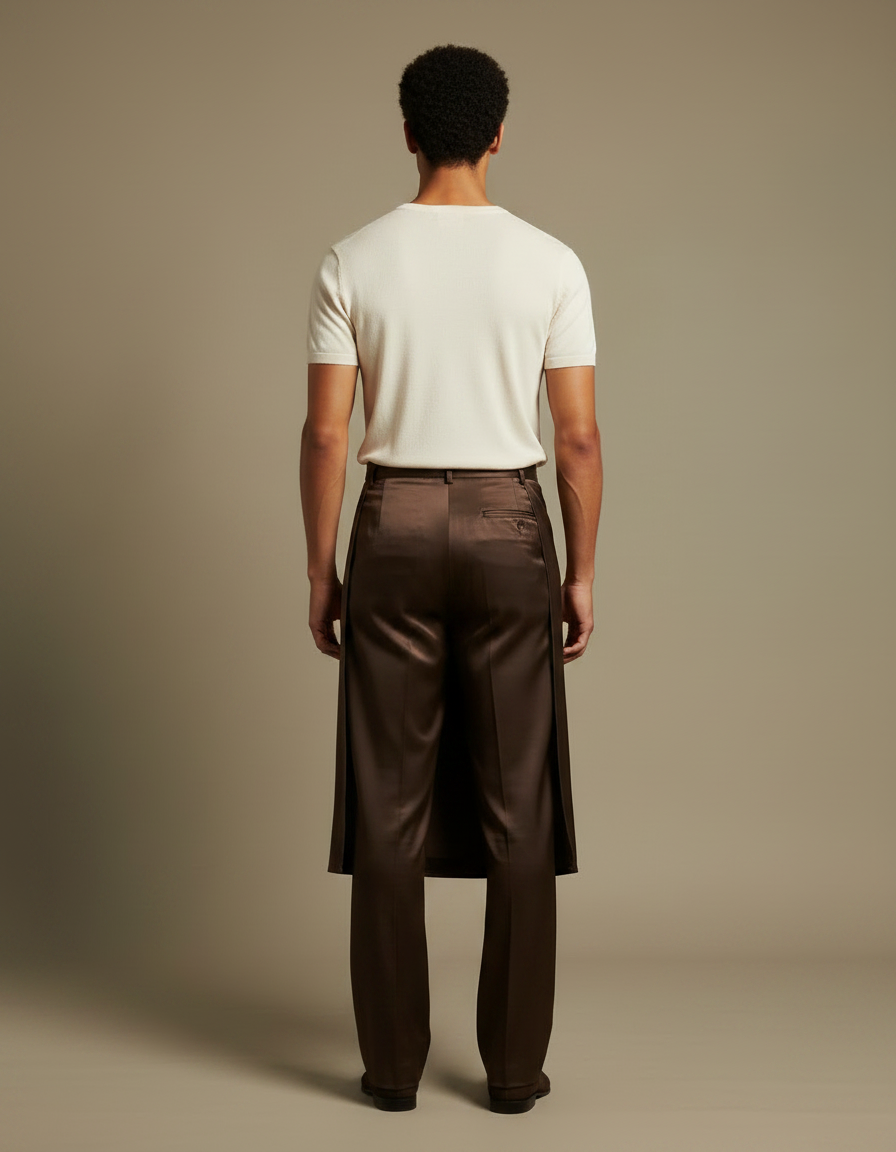 Pantalon Jupe Marron Satin Long Élégant Homme - vue 2