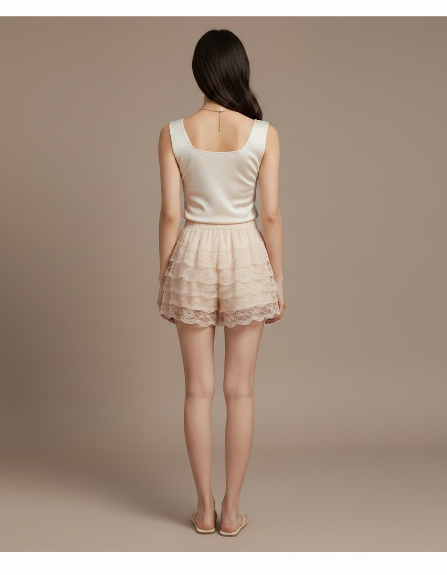 Pantalon Jupe Beige Dentelle Volants Superposés Femme - Polyester - vue 2