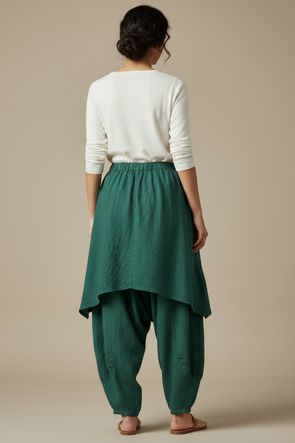 Pantalon Jupe Vert Lin Ample Superposé Confortable - vue 2