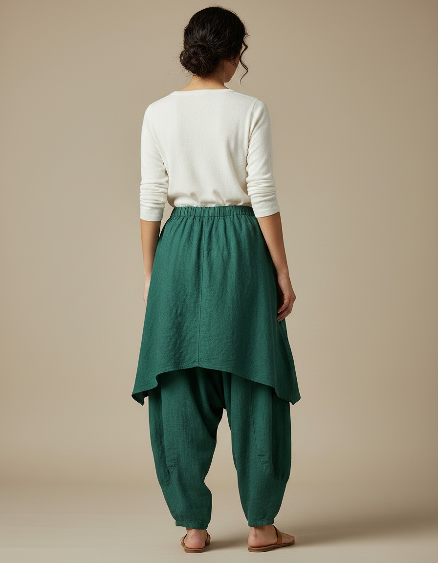 Pantalon Jupe Vert Lin Ample Superposé Confortable - vue 2