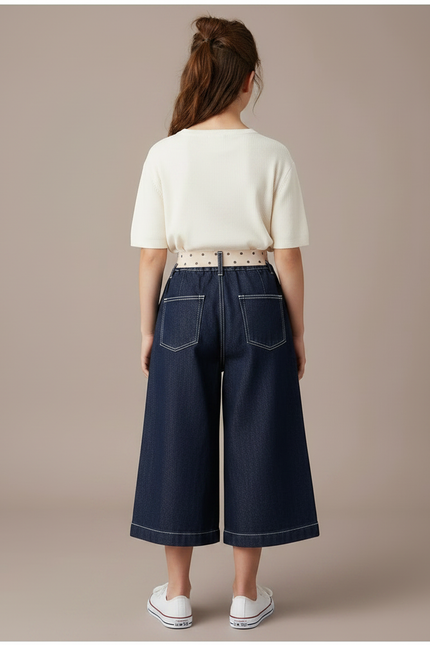 Pantalon Jupe Denim Évasé Bleu Gingham Intégré - Marine Jean - vue 2