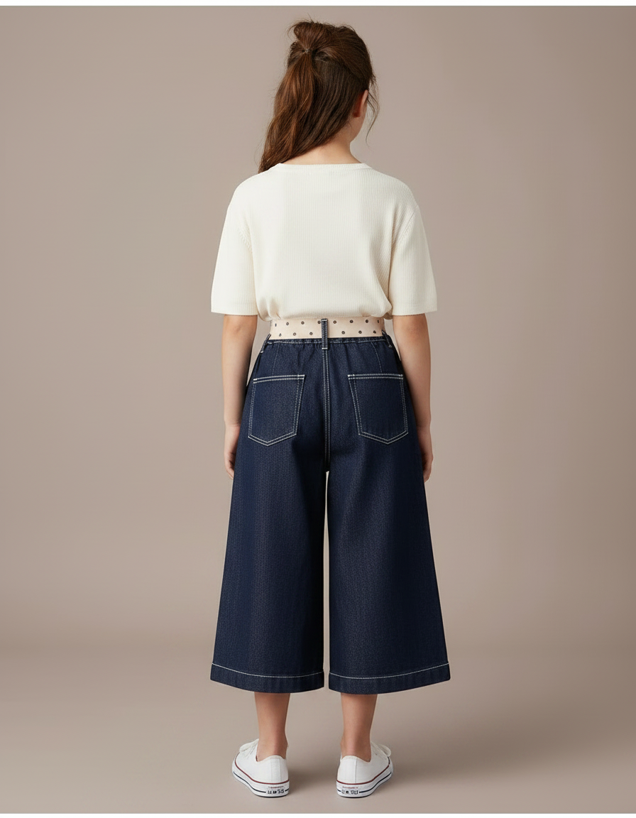 Pantalon Jupe Denim Évasé Bleu Gingham Intégré - Marine Jean - vue 2