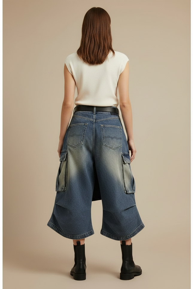 Pantalon Jupe Denim Bleu Dégrippé Ample Cargo - Jean - vue 2