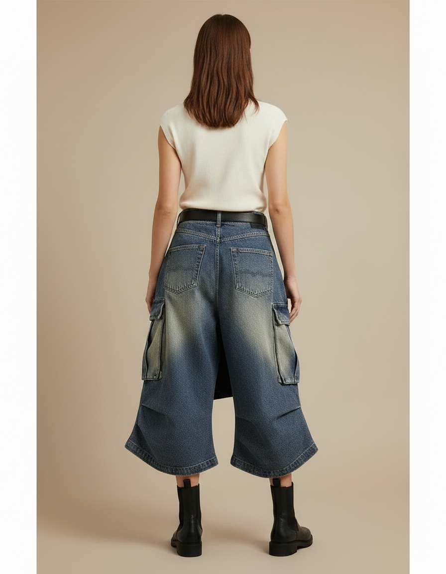 Pantalon Jupe Denim Bleu Dégrippé Ample Cargo - Jean - vue 2