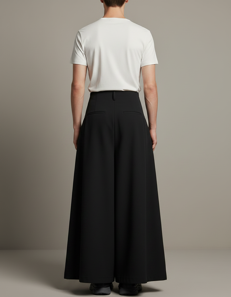 Pantalon Jupe Noir Plissé Ample Long Homme - Polyester - vue 2