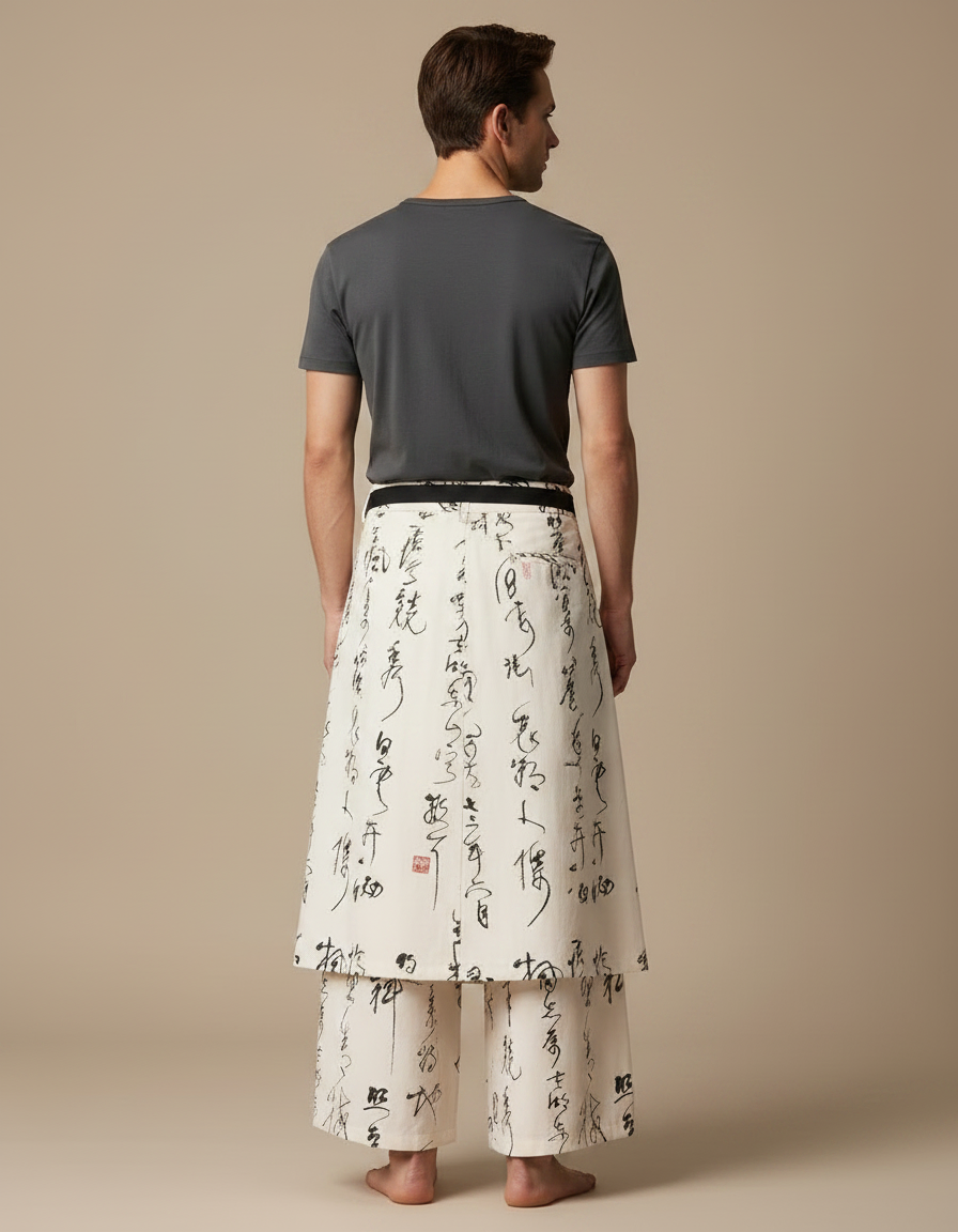 Pantalon Jupe Écru Imprimé Calligraphie Ample Coton - Beige - vue 2