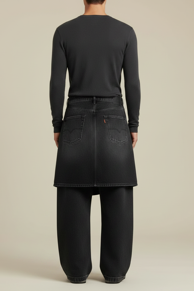 Pantalon Jupe Denim Noir Ample Décontracté Homme - Jean - vue 2