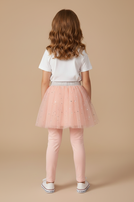 Pantalon Jupe Rose Tulle Étoiles Scintillantes Intégré Fille - Coton - vue 2