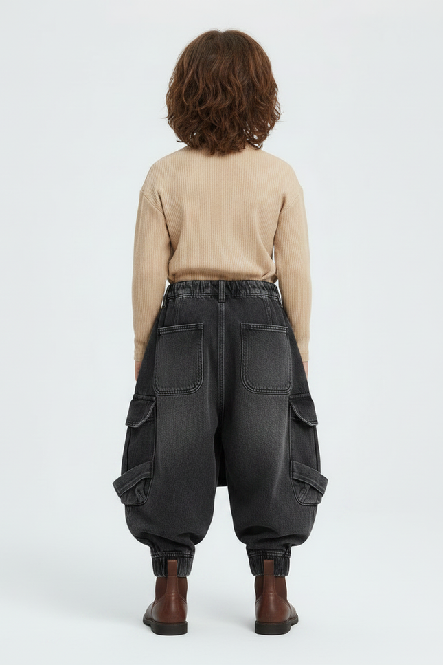 Pantalon Jupe Noir Denim Cargo Ample Enfant - Jean - vue 2