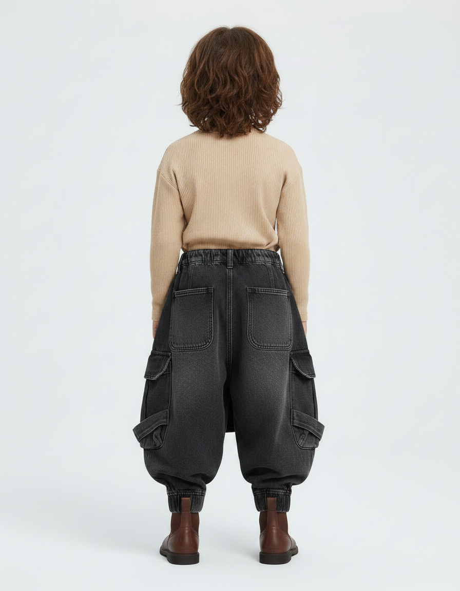 Pantalon Jupe Noir Denim Cargo Ample Enfant - Jean - vue 2