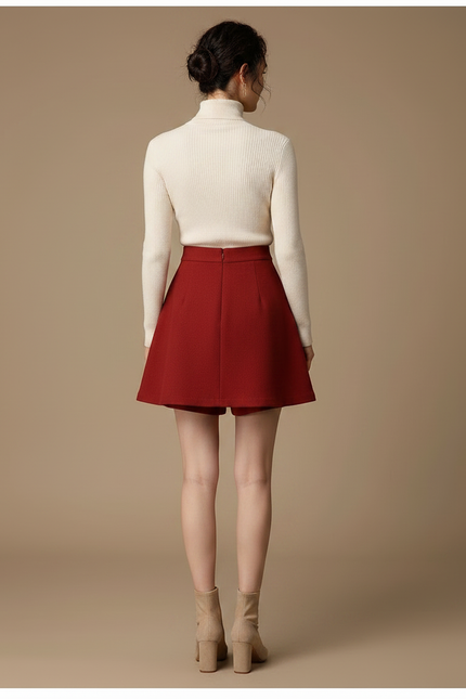Pantalon Jupe Rouge Évasée Courte Taille Haute Élégante - Bordeaux Laine - vue 2