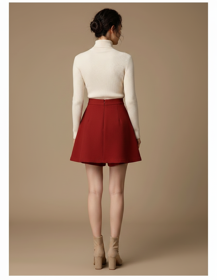 Pantalon Jupe Rouge Évasée Courte Taille Haute Élégante - Bordeaux Laine - vue 2
