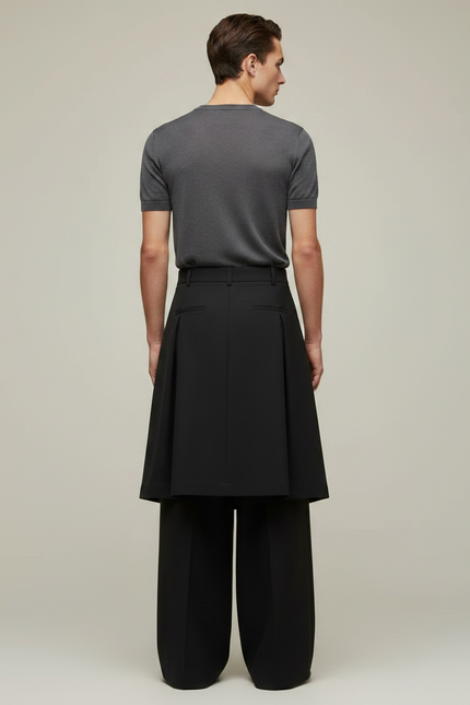 Pantalon Jupe Noir Ample Plissé Homme Moderne - Gabardine - vue 2