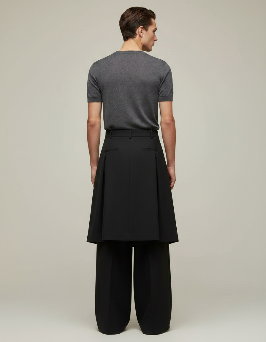 Pantalon Jupe Noir Ample Plissé Homme Moderne - Gabardine - vue 2