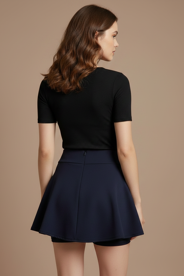Pantalon Jupe Bleu Marine Évasé Plissé Court - Maille - vue 2