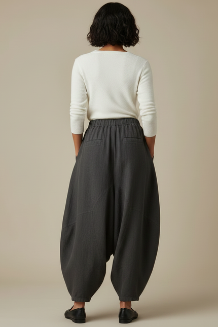 Pantalon Jupe Gris Ample Lin Confortable Élastique - vue 2