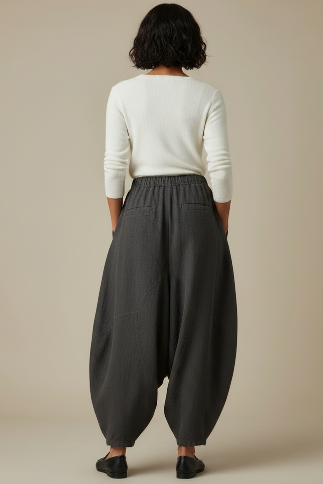 Pantalon Jupe Gris Ample Lin Confortable Élastique - vue 2
