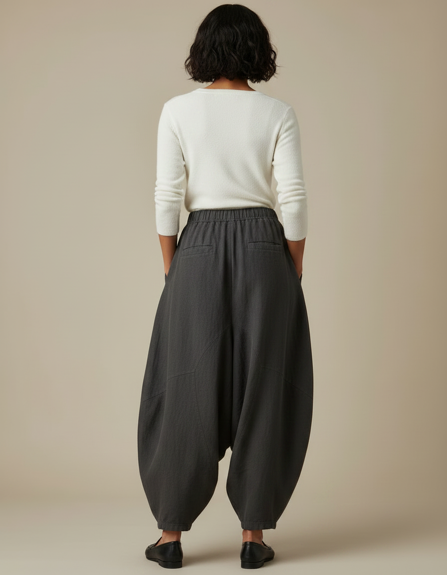 Pantalon Jupe Gris Ample Lin Confortable Élastique - vue 2