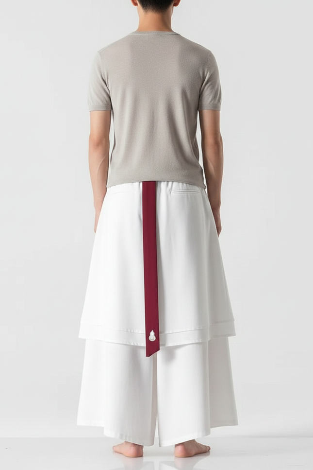 Pantalon Jupe Blanc Ample Brodé Hanfu Long - Viscose - vue 2