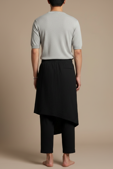 Pantalon Jupe Noir Superposé Texturé Ample Décontracté - Coton - vue 2