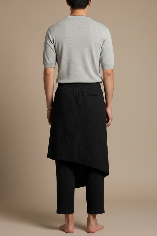 Pantalon Jupe Noir Superposé Texturé Ample Décontracté - Coton - vue 2