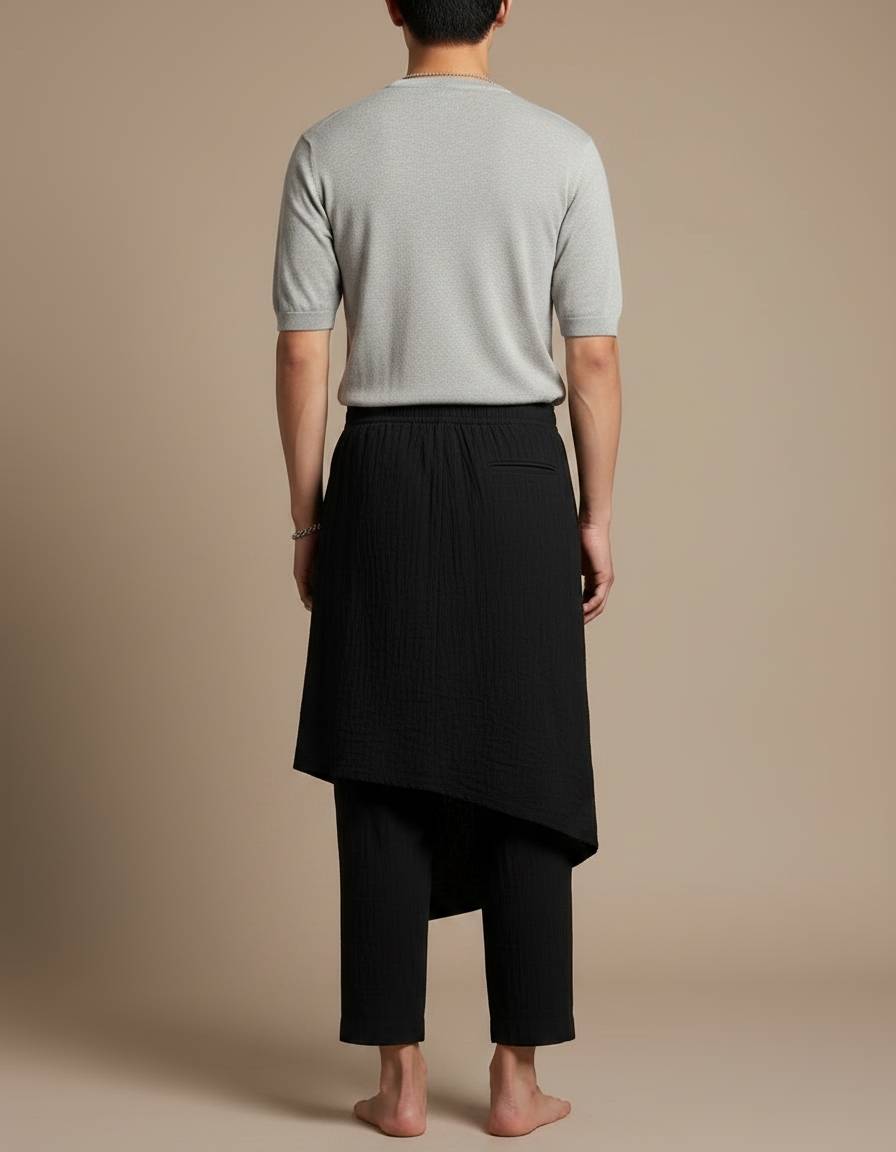 Pantalon Jupe Noir Superposé Texturé Ample Décontracté - Coton - vue 2